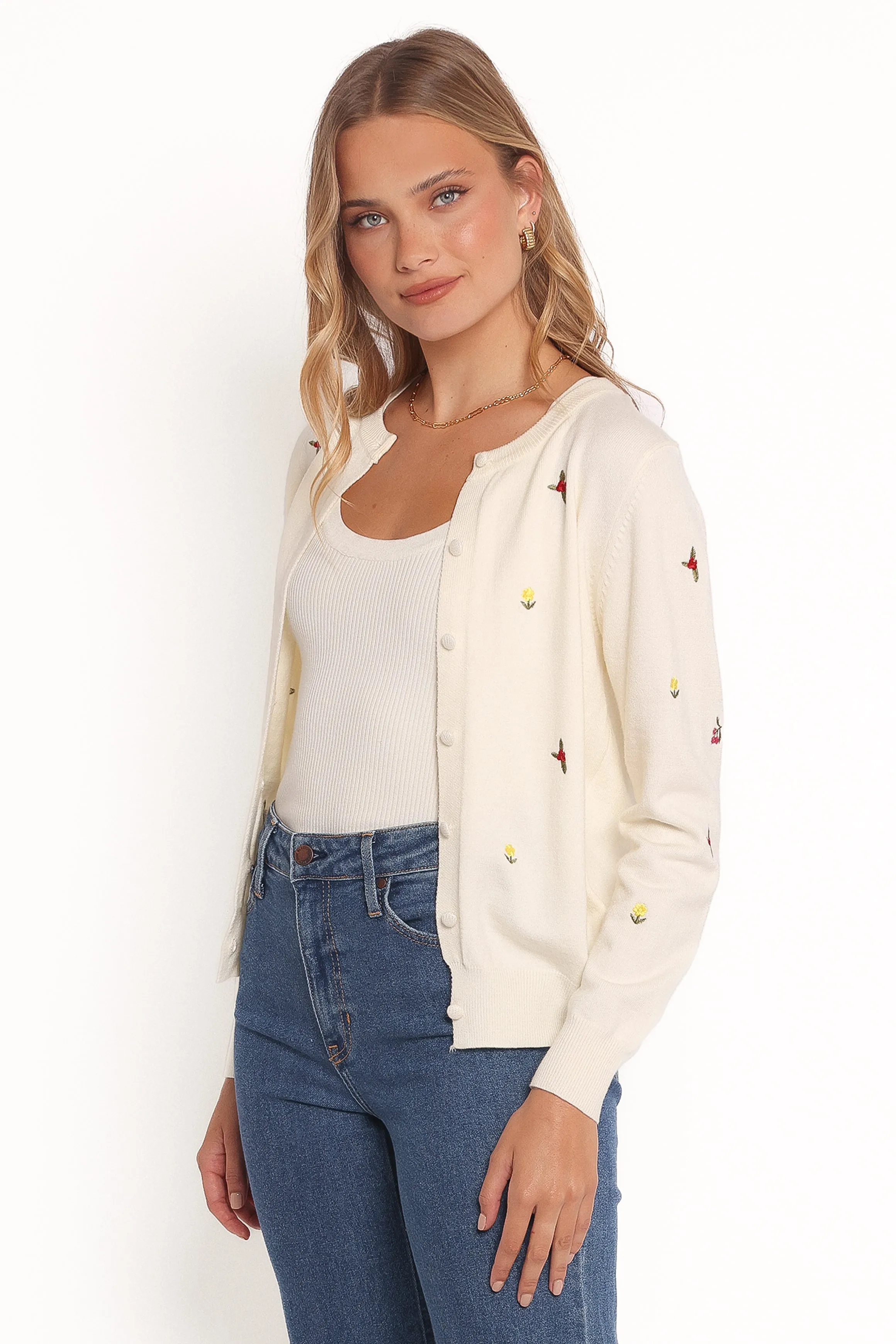 Millen Flower Embroidery Cardigan - Cream Soft Stretch