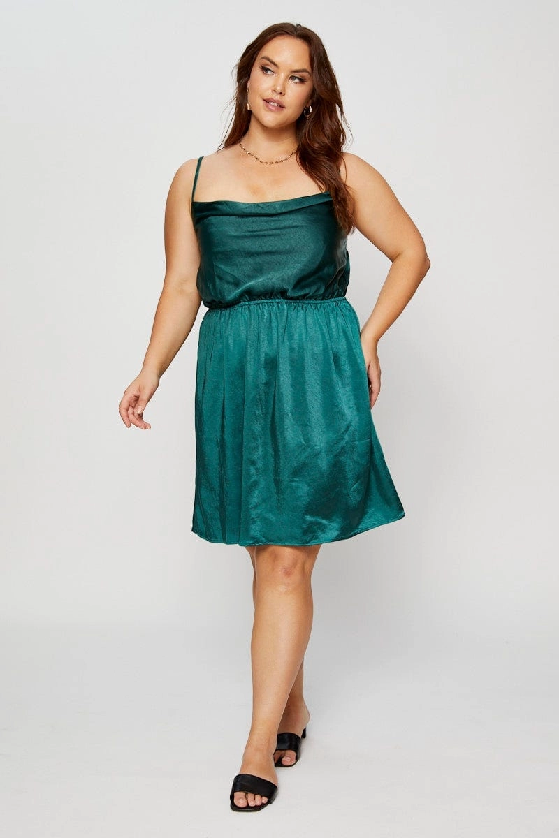 Unlined Look Green Mini Satin Dress Cowl Neck Sleeveless
