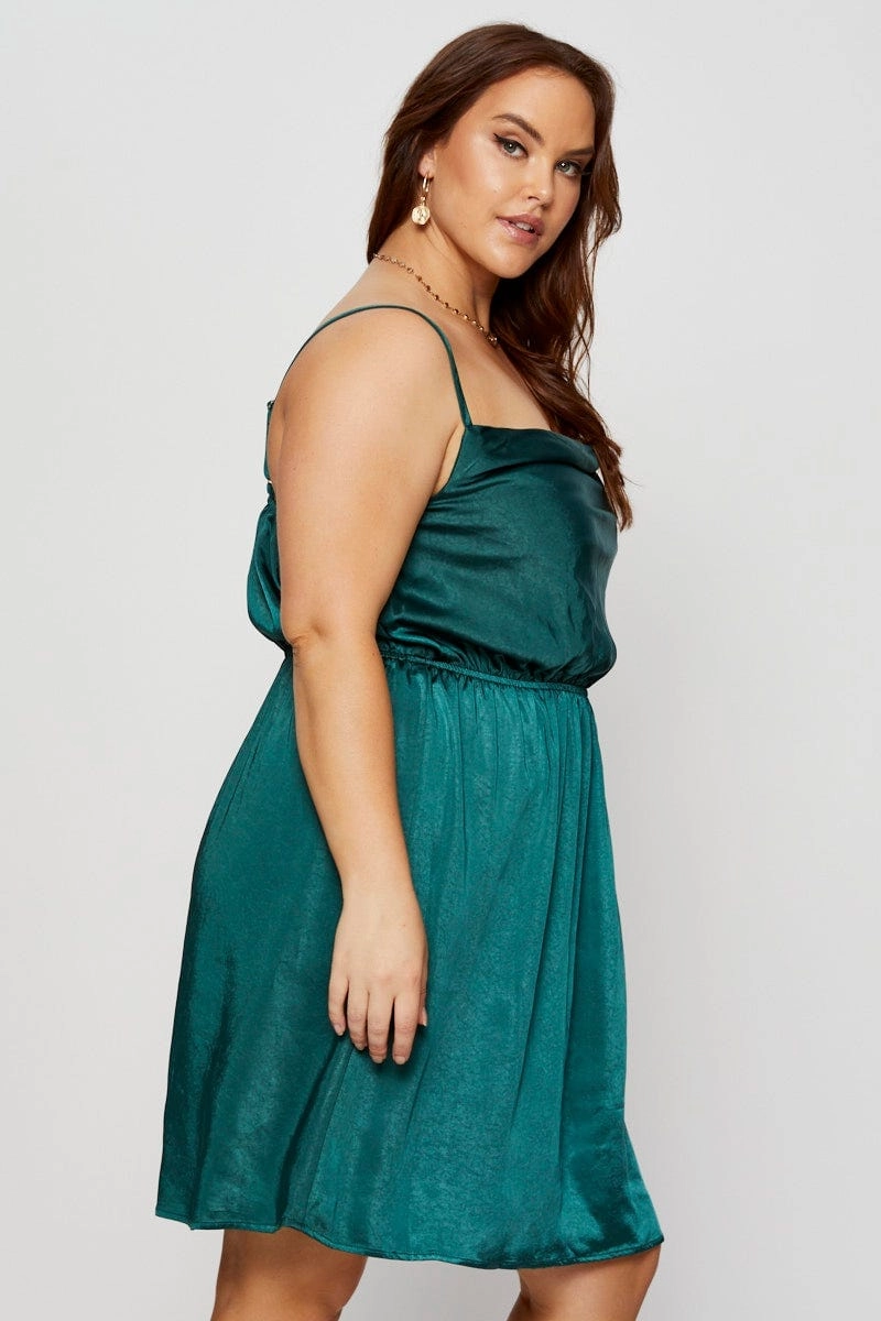 Green Mini Satin Dress Cowl Neck Sleeveless Chic Rhythm