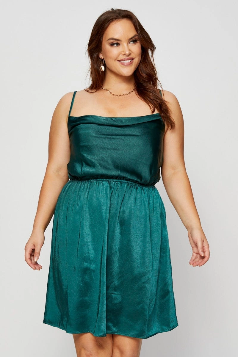 Daily Style Green Mini Satin Dress Cowl Neck Sleeveless