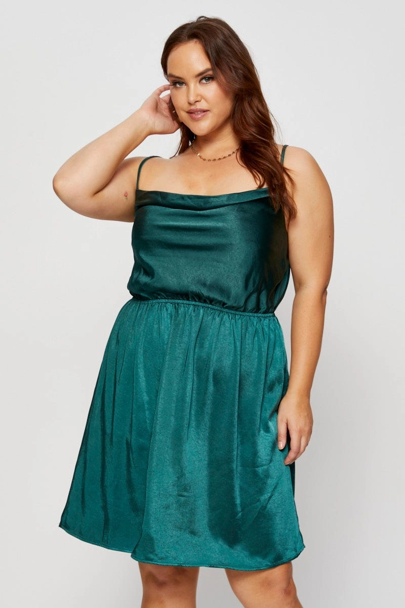 Smart and Sleek Green Mini Satin Dress Cowl Neck Sleeveless