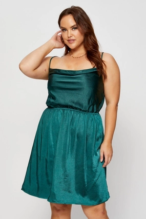 Smart and Sleek Green Mini Satin Dress Cowl Neck Sleeveless