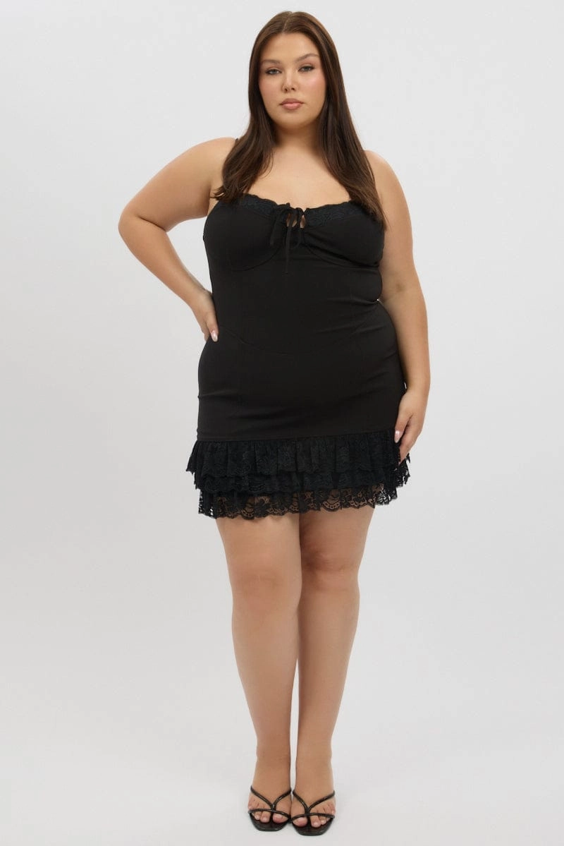 Black Lace Hem Frill Shoestring Strap Fitted Minidress Color Pop Non-Iron