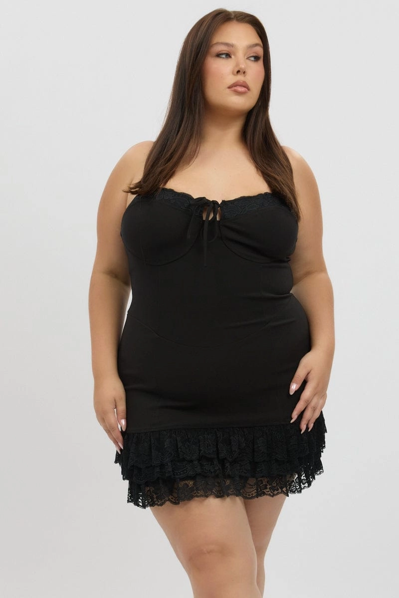 Heritage-Brand Black Lace Hem Frill Shoestring Strap Fitted Minidress