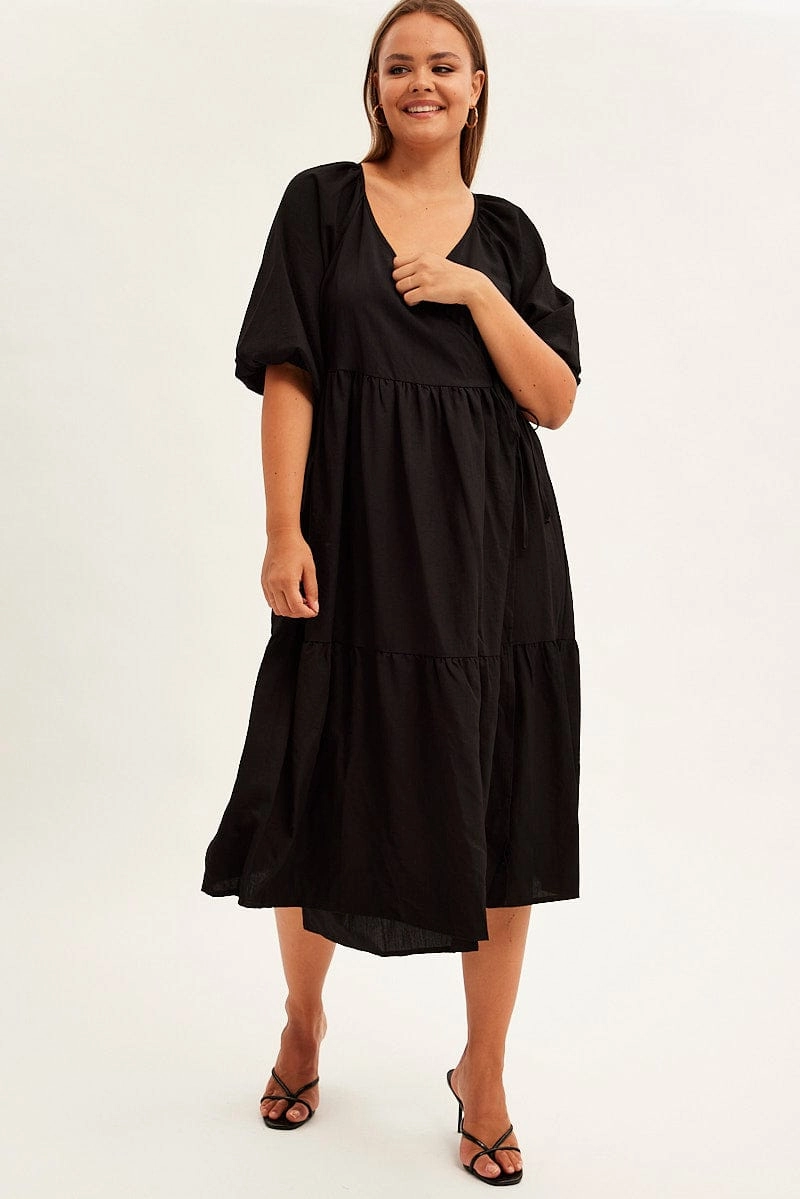 Black Maxi Dress Wrap Short Sleeve Polite Tone