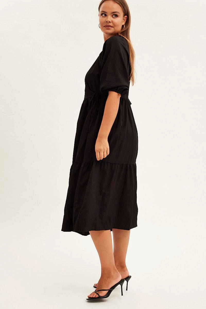Black Maxi Dress Wrap Short Sleeve Fitted Look Trend Focused
