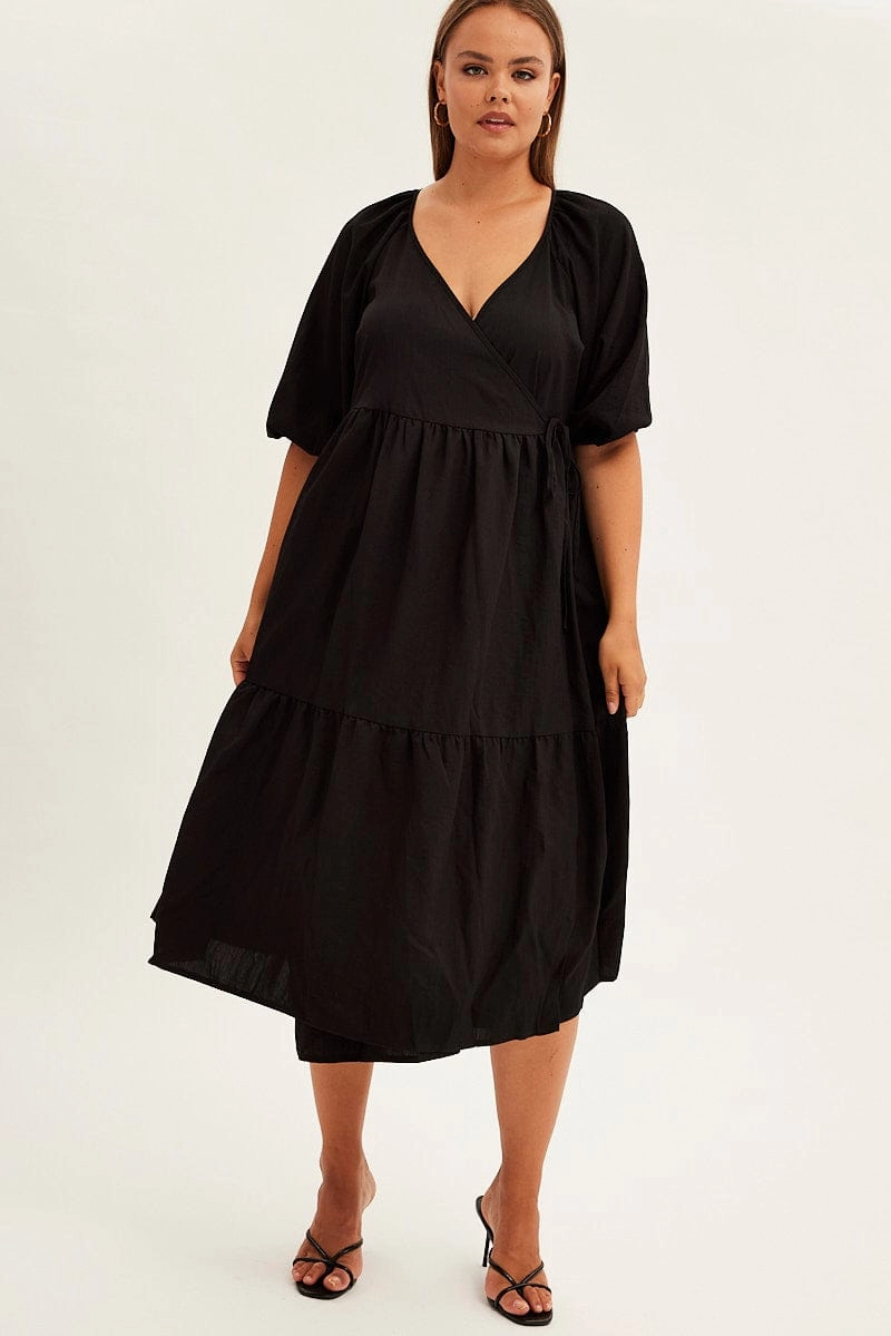 Skin Hug Black Maxi Dress Wrap Short Sleeve