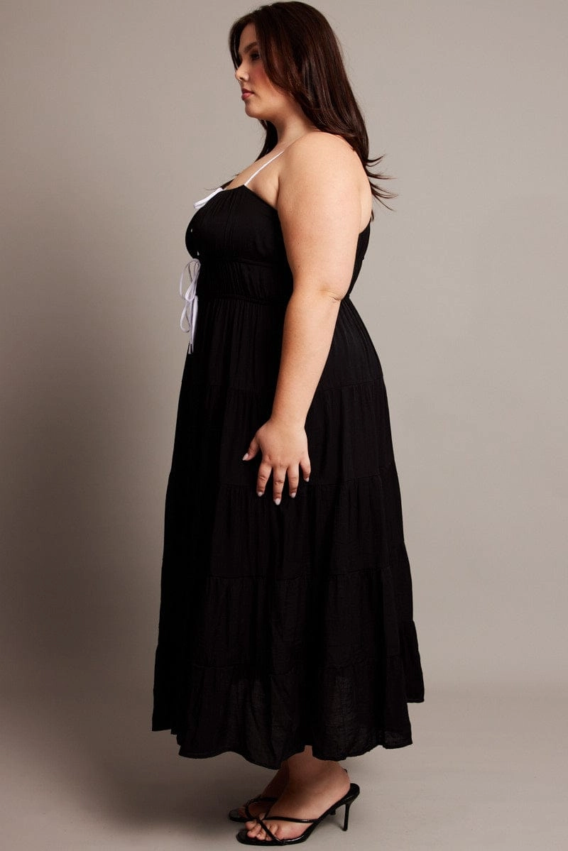 Black Midi Dress Sleeveless Contrast Ribbon Muted Tones Fashionable Look