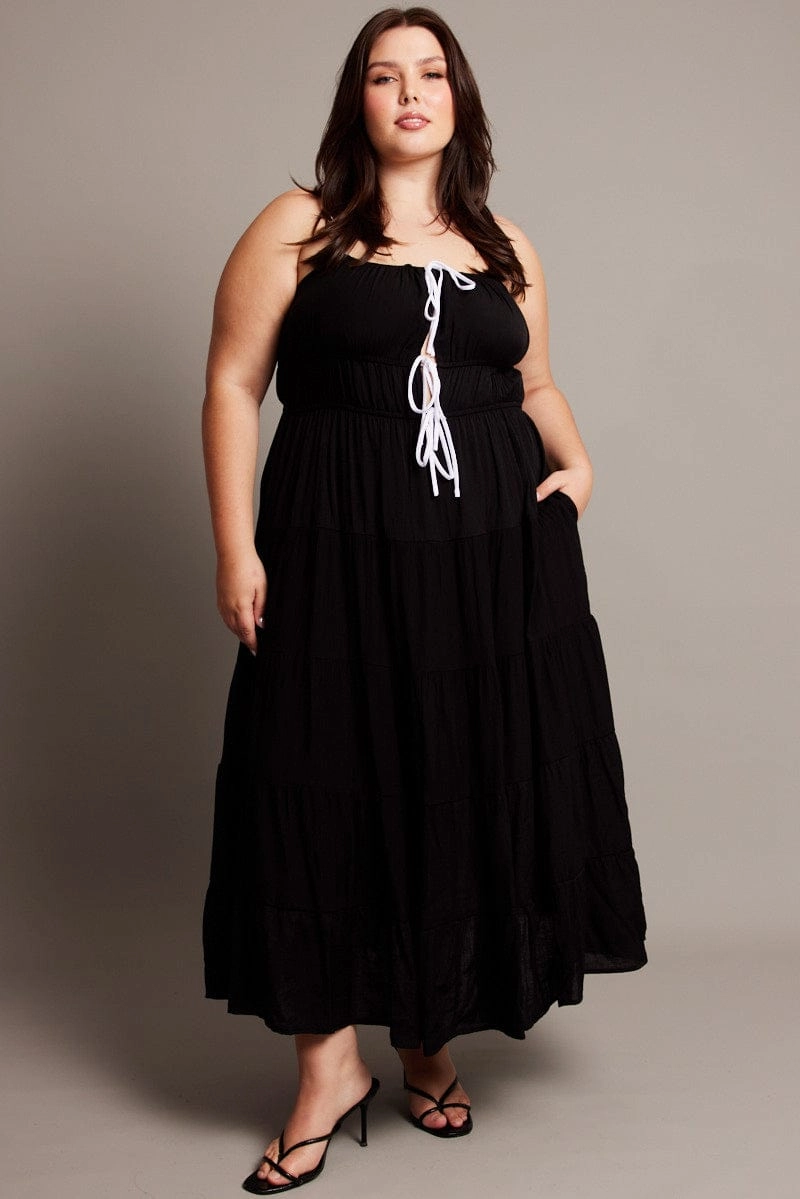 Euro Touch Black Midi Dress Sleeveless Contrast Ribbon