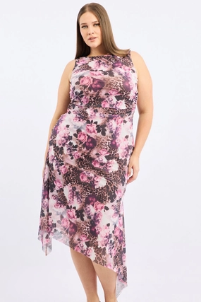 Brown Animal Print Midi Dress Sleeveless Mesh Hanky Hem Embroidered Fabric