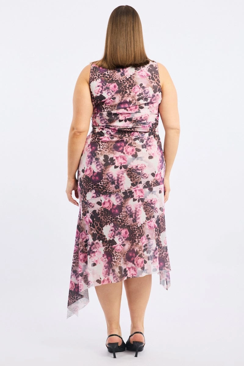 Soft Layers Brown Animal Print Midi Dress Sleeveless Mesh Hanky Hem