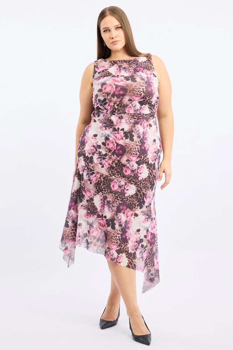 Autumn Look Brown Animal Print Midi Dress Sleeveless Mesh Hanky Hem