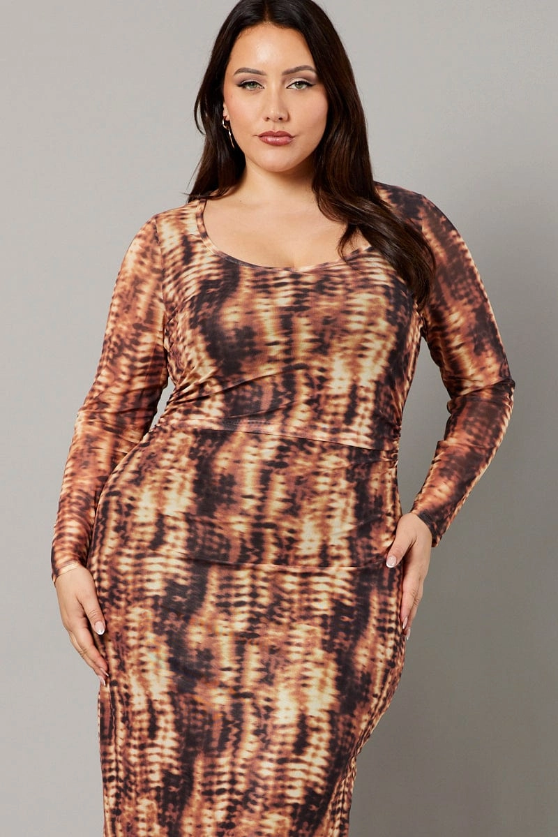 Brown Abstract Long Sleeve Mesh Tie Dye Midi Dress Adjustable Straps