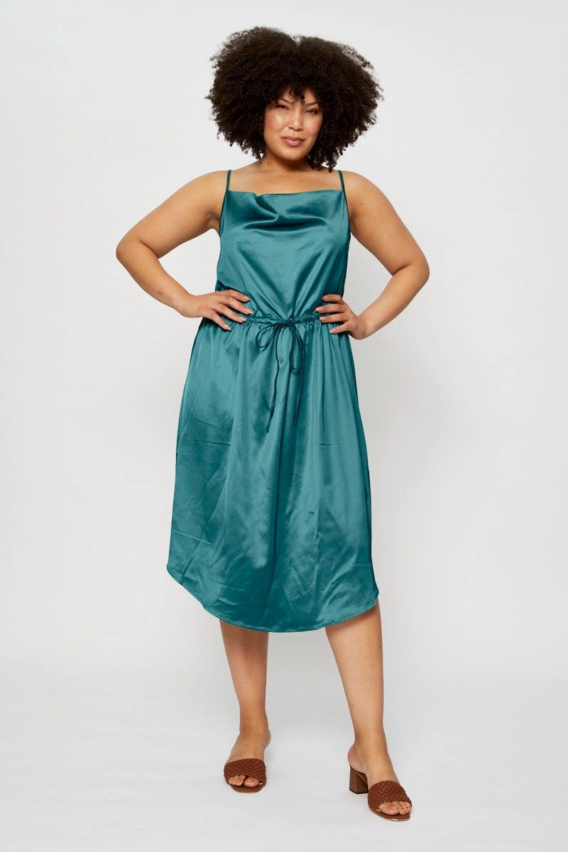 Blue Midi Satin Dress Cowl Neck Sleeveless Chill Detail Vibrant Look