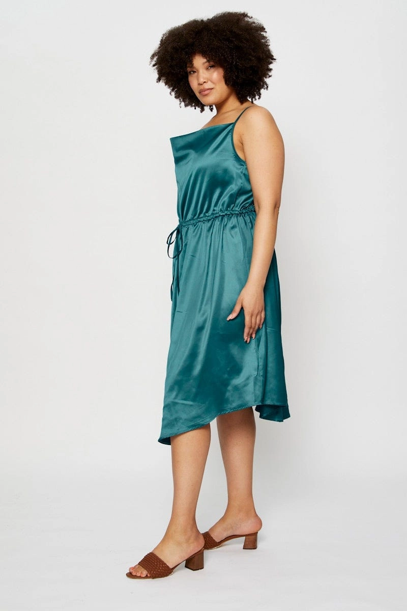 Blue Midi Satin Dress Cowl Neck Sleeveless Office Layer