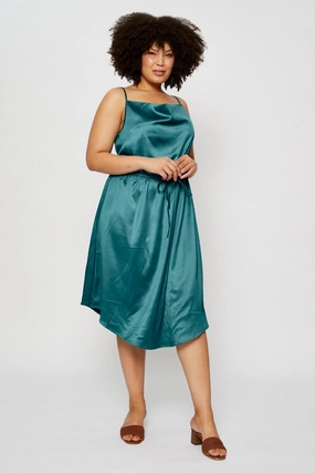 Trend-Inspired Blue Midi Satin Dress Cowl Neck Sleeveless