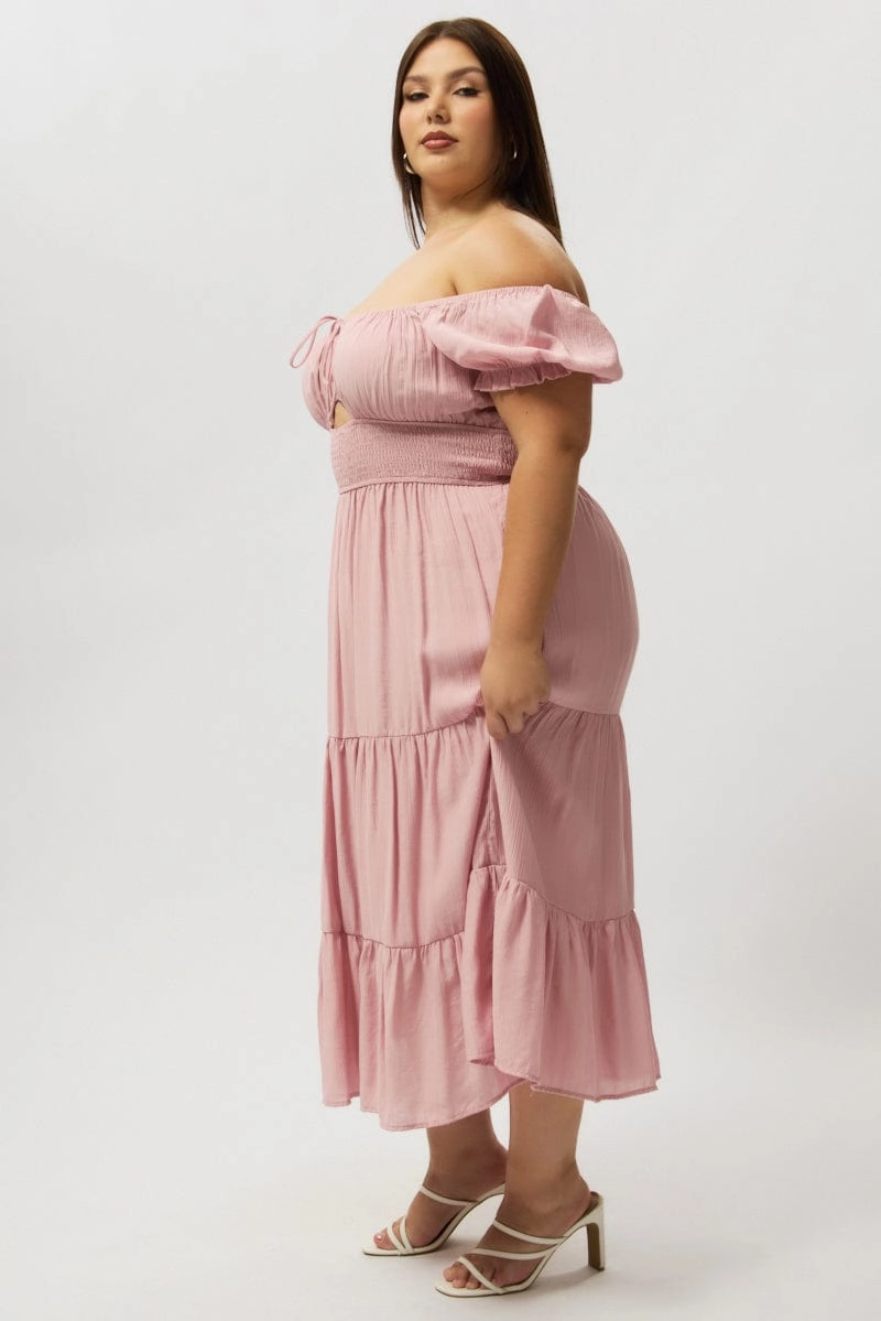 Pink Midi Dress Short Sleeve Hole Front Removable-Straps Light Fit