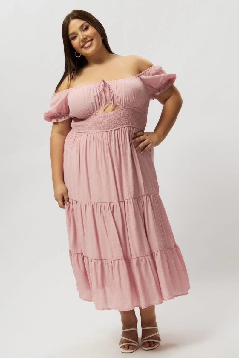 Pink Midi Dress Short Sleeve Hole Front V-Neck