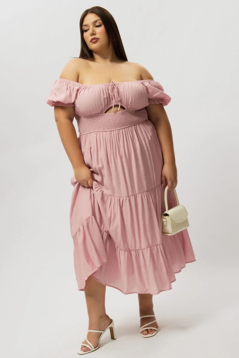 Pink Midi Dress Short Sleeve Hole Front Smooth-Finish