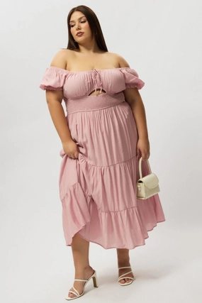 Pink Midi Dress Short Sleeve Hole Front Smooth-Finish