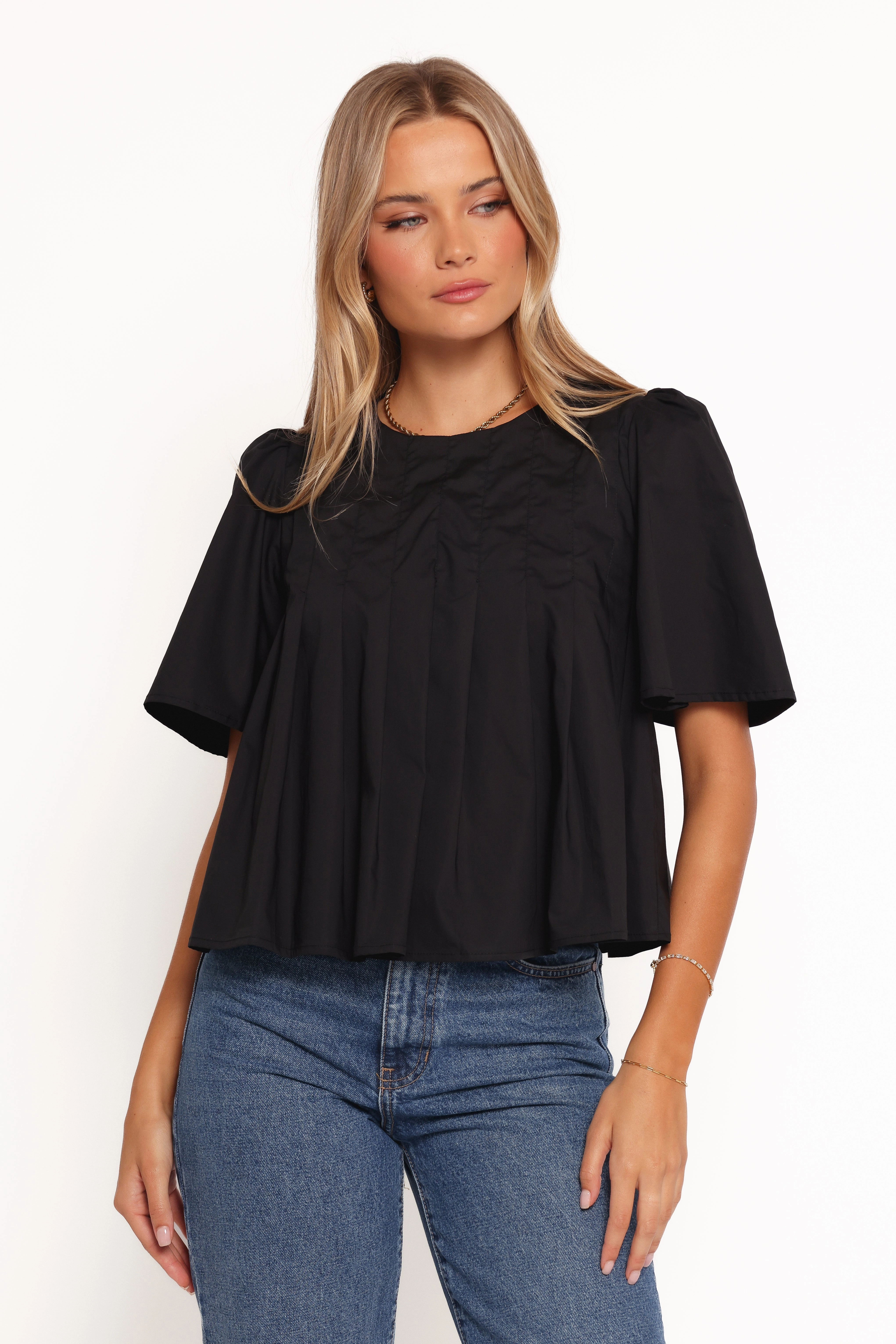 Reinforced Elbow Patches Flexible Wear Geneva Pleated Top - Black