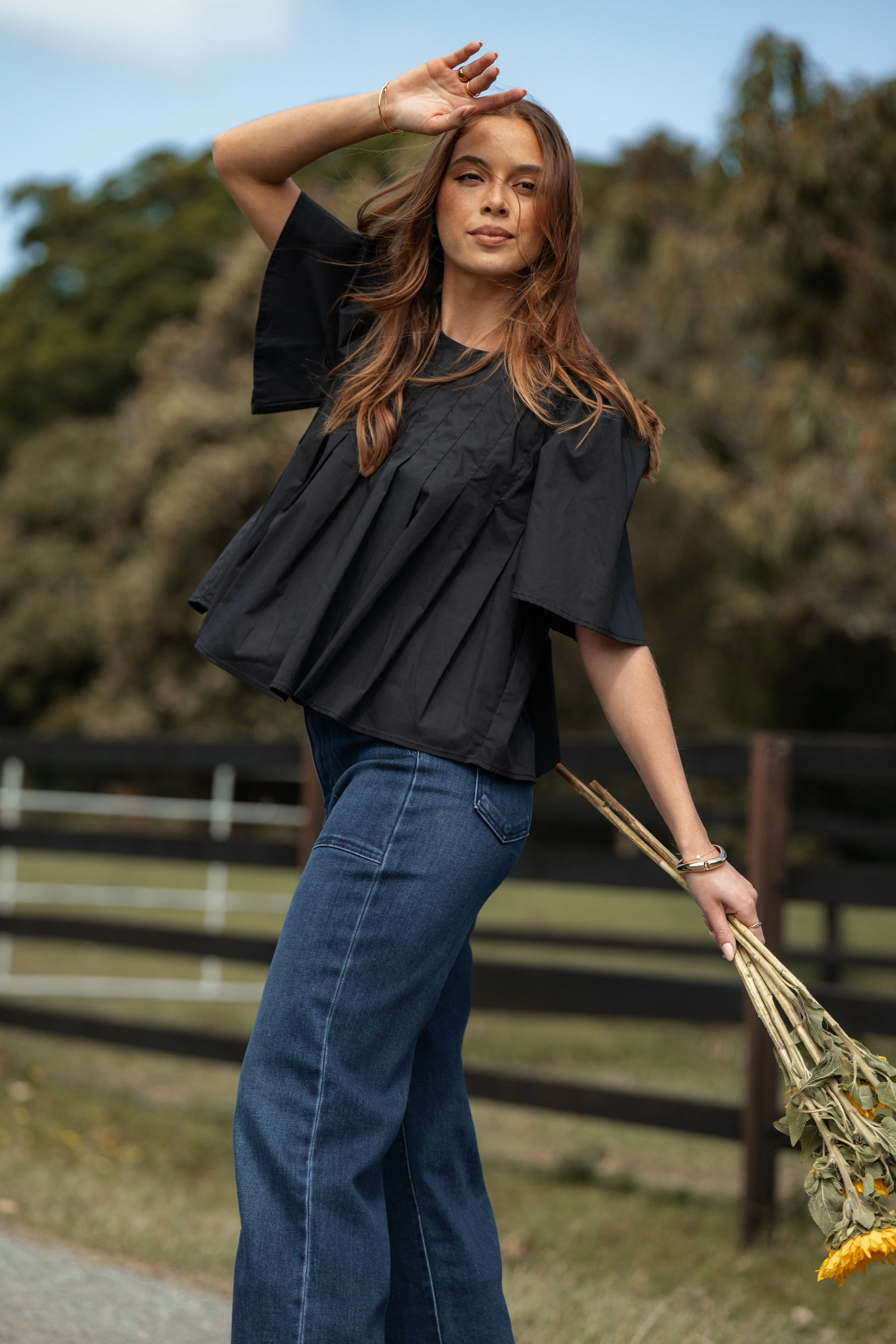 Geneva Pleated Top - Black Bold colors Smart Casual Wear