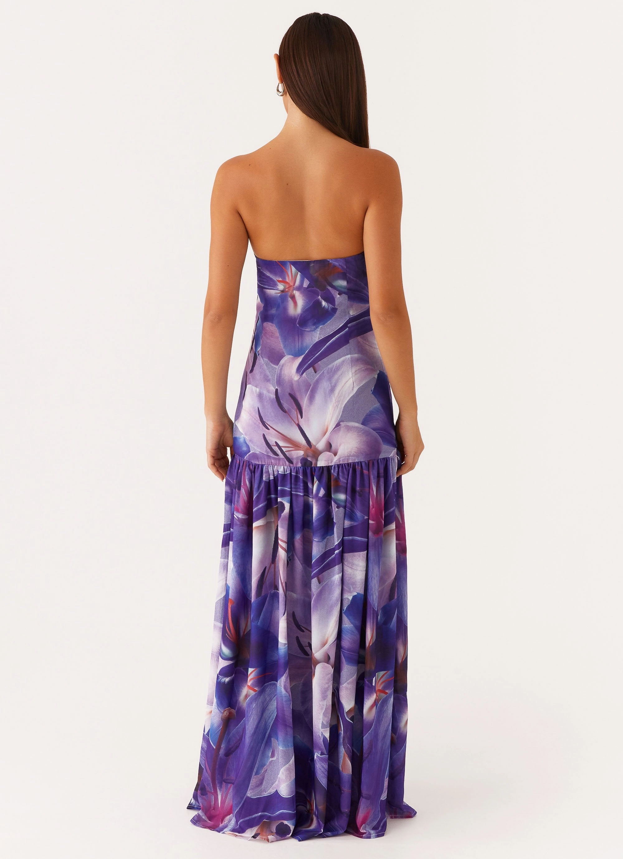 Eden Strapless Maxi Dress - Purple White Lilly Sleek Appearance Patterned-Fabric