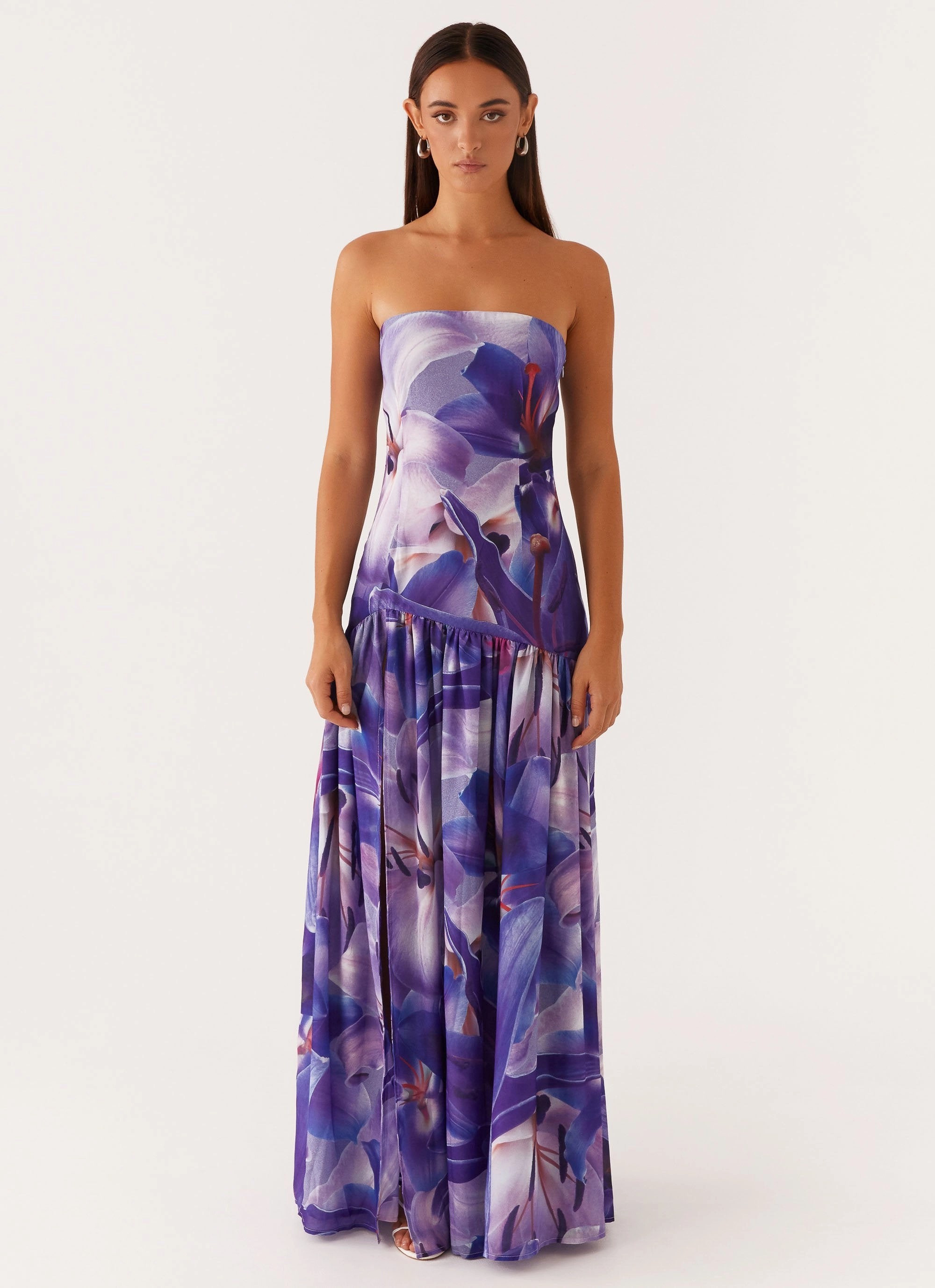 Eden Strapless Maxi Dress - Purple White Lilly Work Appropriate Minimal Detail