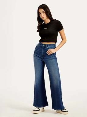 Women's Blue Ribcage Bell Bottom Wide Leg Fit High Rise Jeans Trendy Choice