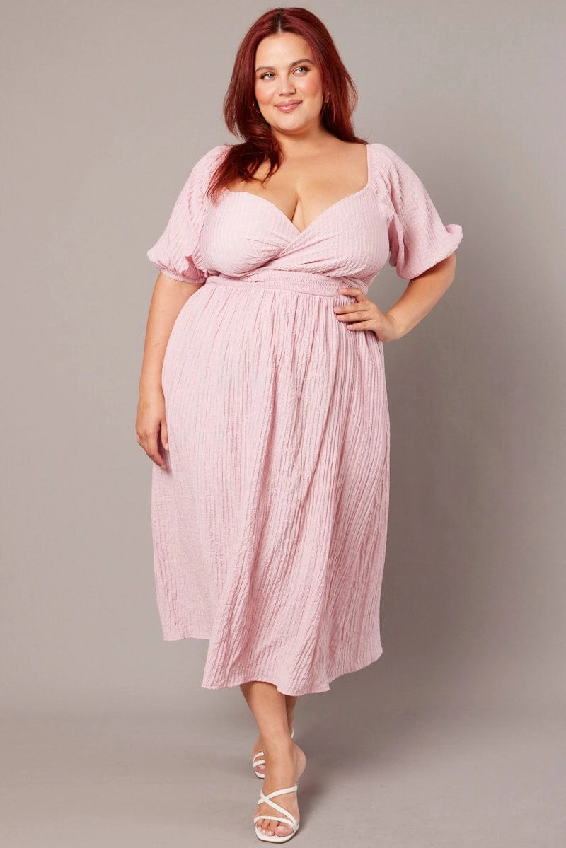Pink Midi Dress Textured Wrapover Elastic Waist Detail Casual Silhouette
