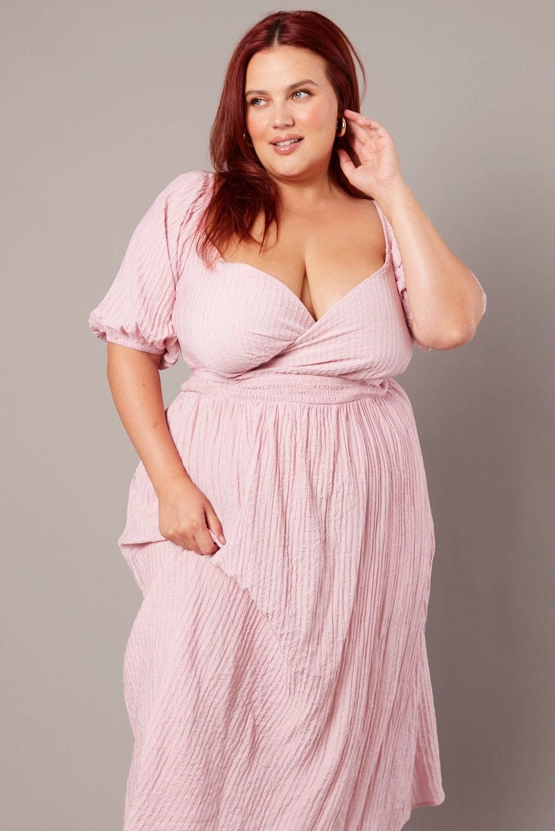 Trendy Fit Pink Midi Dress Textured Wrapover Elastic Waist Detail