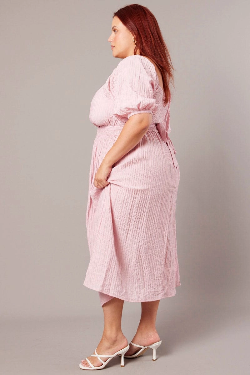 Pink Midi Dress Textured Wrapover Elastic Waist Detail Soft Design Gentle Motion