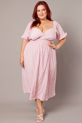 Pink Midi Dress Textured Wrapover Elastic Waist Detail Casual Silhouette