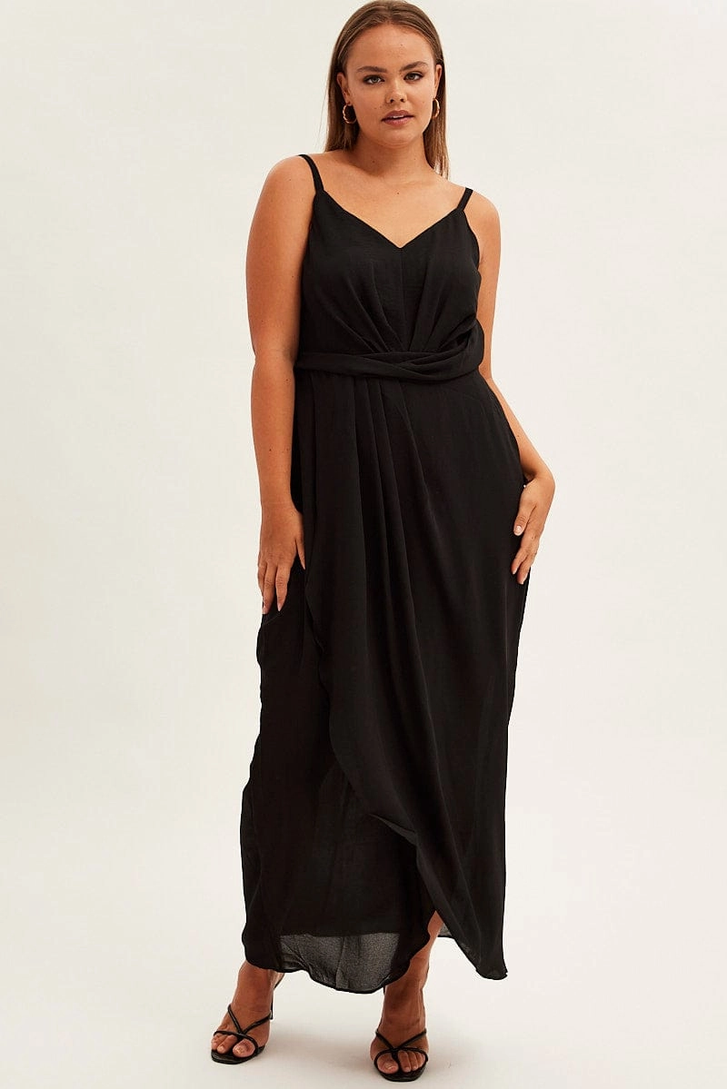 Black Midi Dress Strappy Sleeveless Chiffon Draped Gender Inclusive