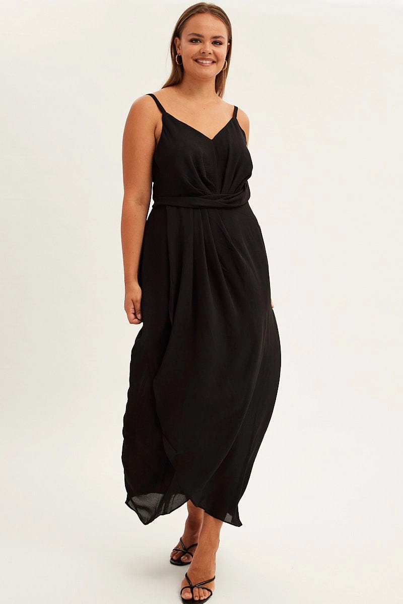 Thermal-Lined Black Midi Dress Strappy Sleeveless Chiffon Draped