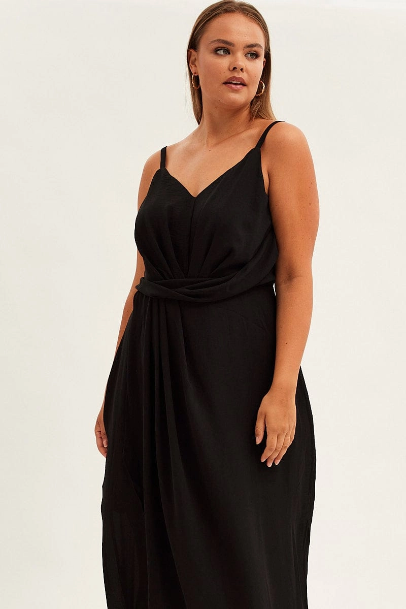 Black Midi Dress Strappy Sleeveless Chiffon Draped Style focused