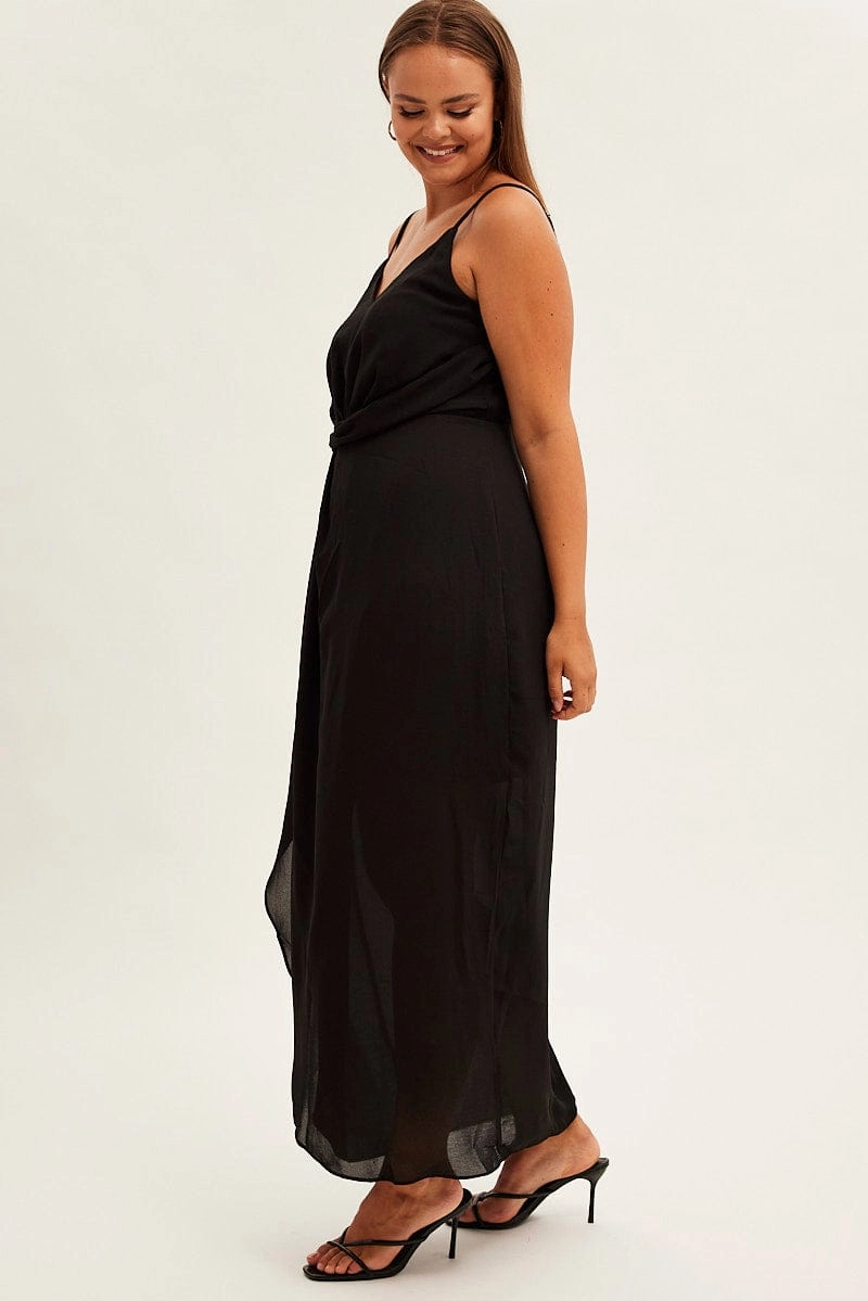 Silky Drape Black Midi Dress Strappy Sleeveless Chiffon Draped