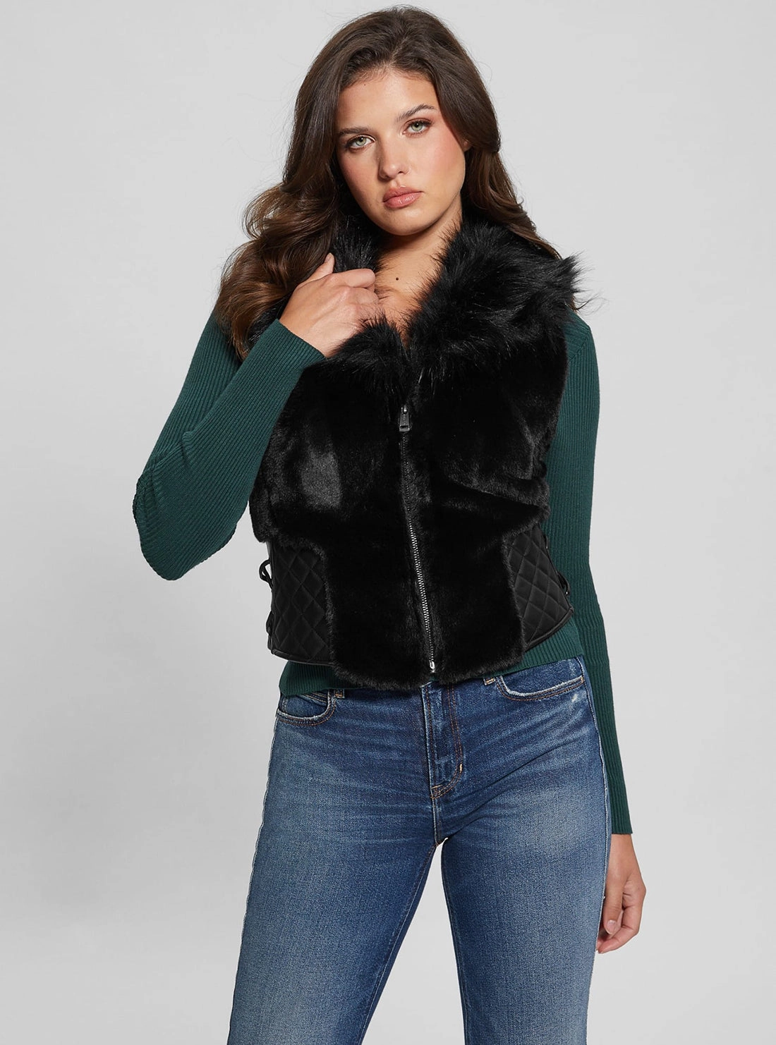 Black Emma Fur Vest Glossy Finish Noise Free Zippers