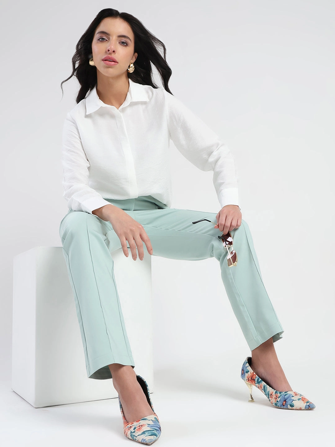 Madame Alex Front Pintuck Detailed Mint Green Trousers Breathable mesh design