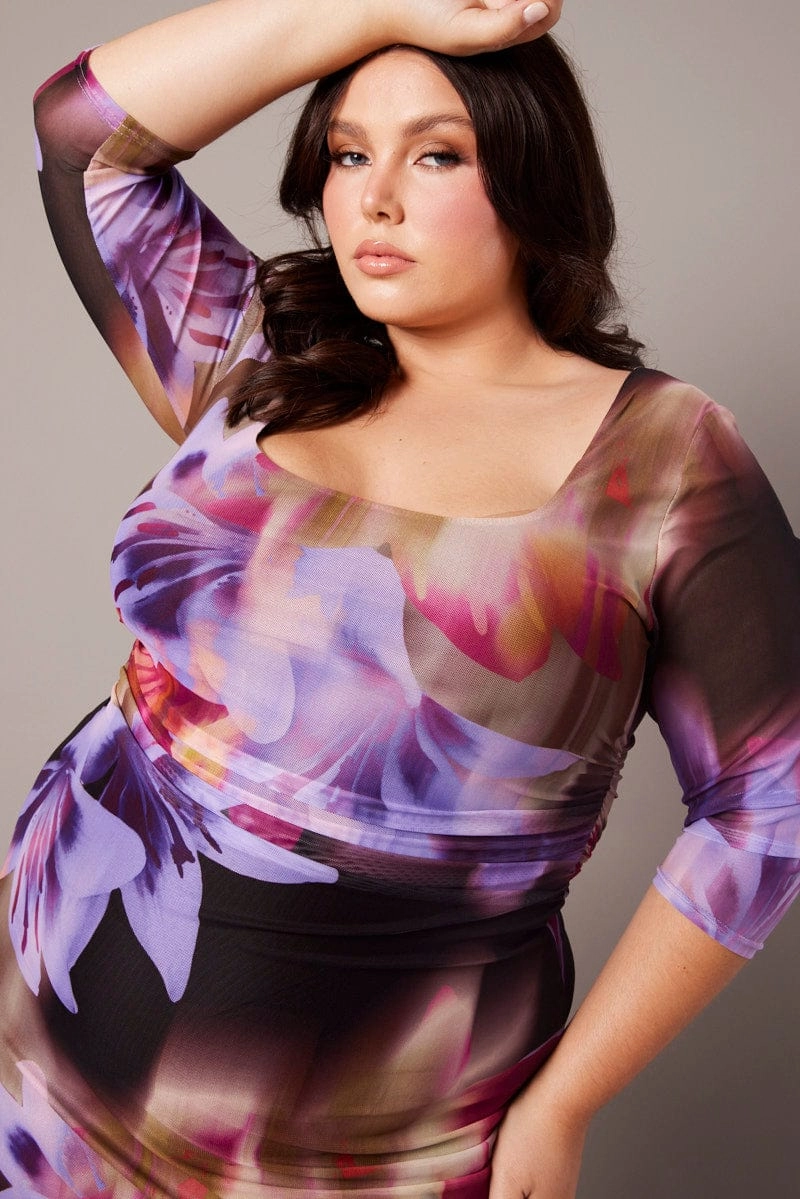 Multi Abstract Mesh Scoop Neck Short Sleeve Dress Brunch Glow Clean Base