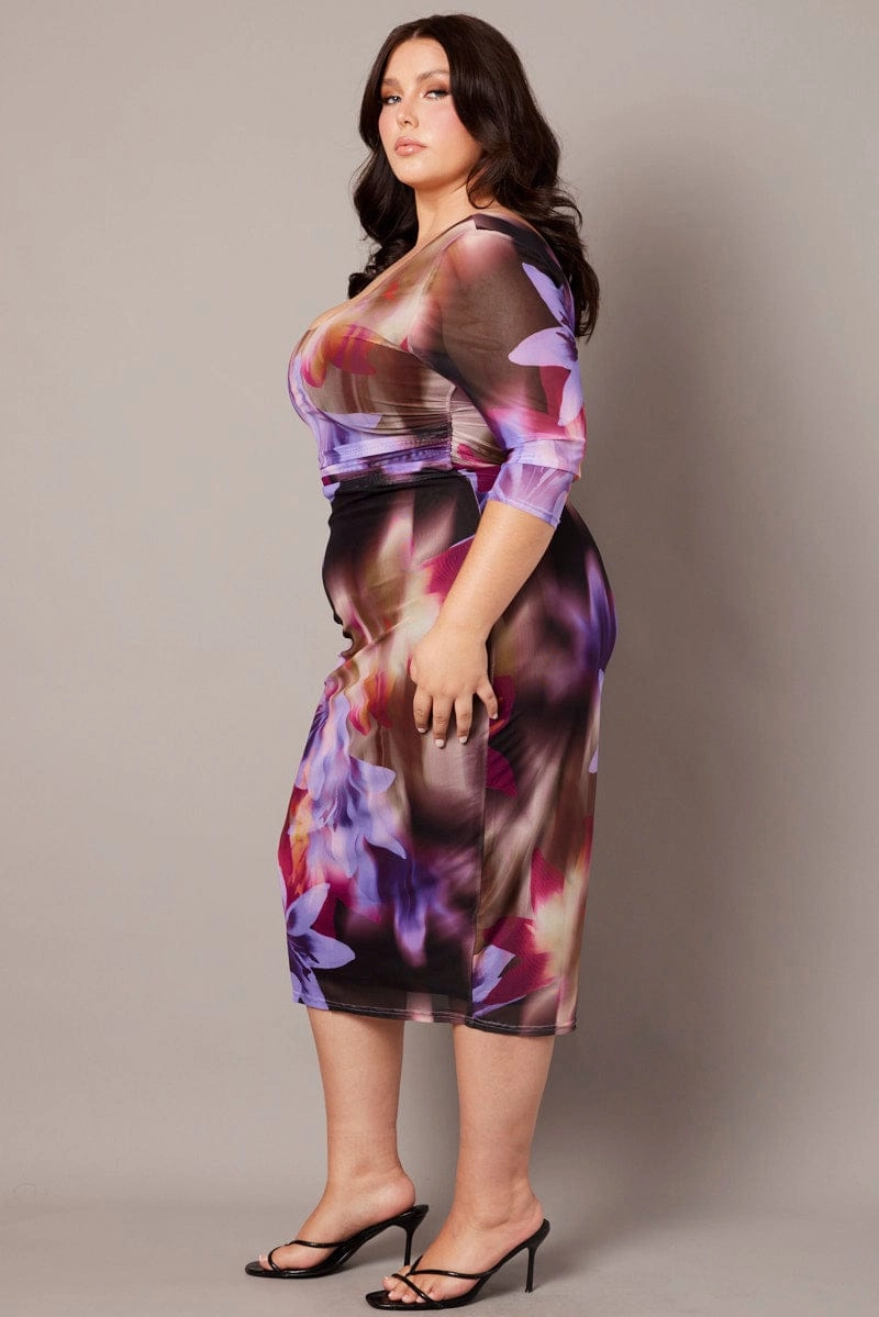 Comfortable and Flattering Multi Abstract Mesh Scoop Neck Short Sleeve Dress