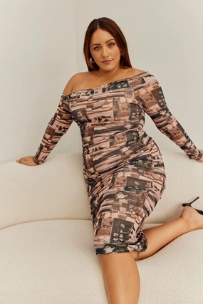Multi Abstract Midi Dress Bodycon Mesh Off Shoulder Chic Design