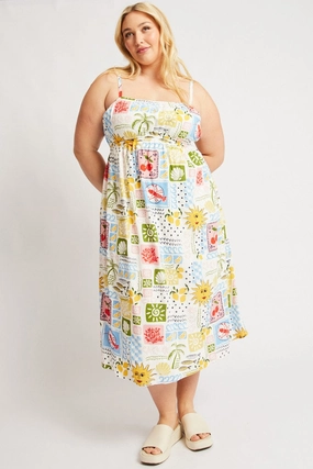 Multi Abstract Midi Dress Sleeveless Linen Blend Neutral Look Fall Outfit