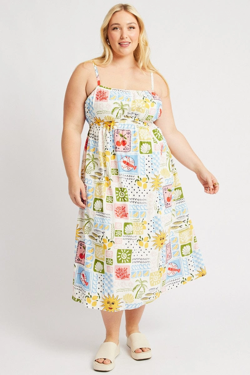 Multi Abstract Midi Dress Sleeveless Linen Blend Easy Layering Elegance Glow