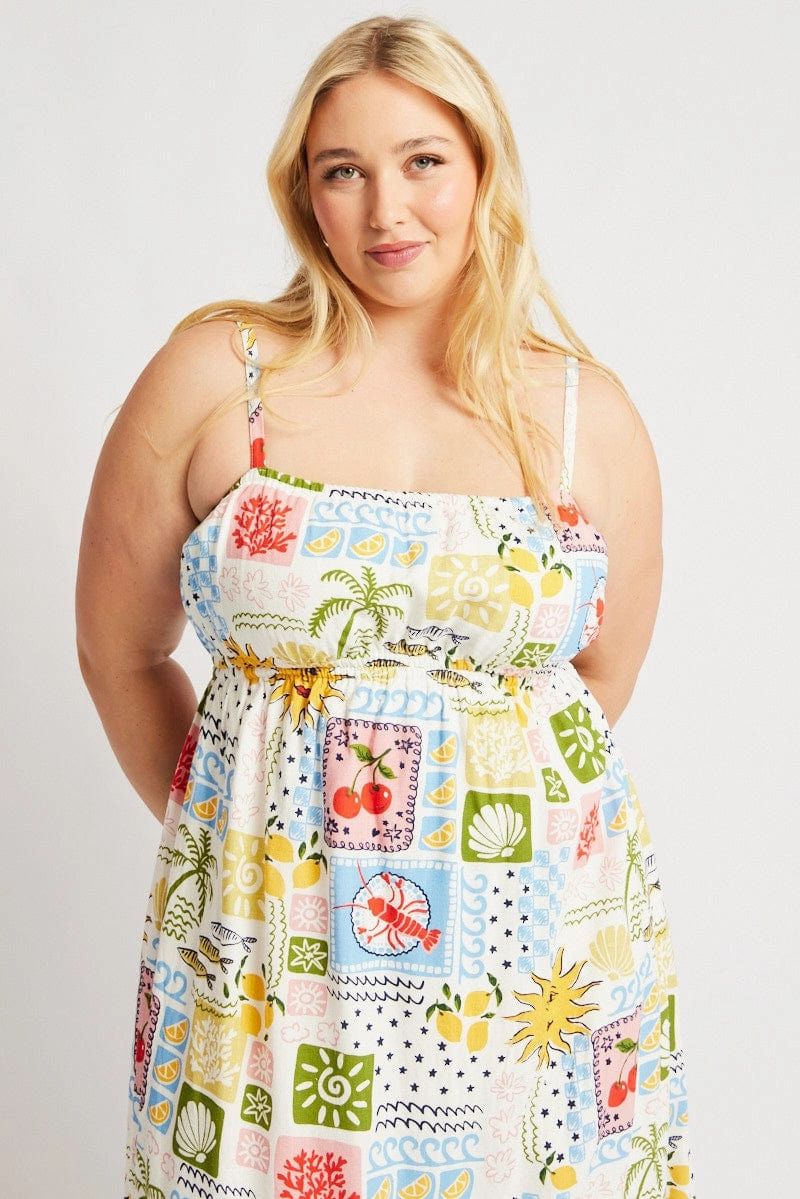 Light Layers Multi Abstract Midi Dress Sleeveless Linen Blend