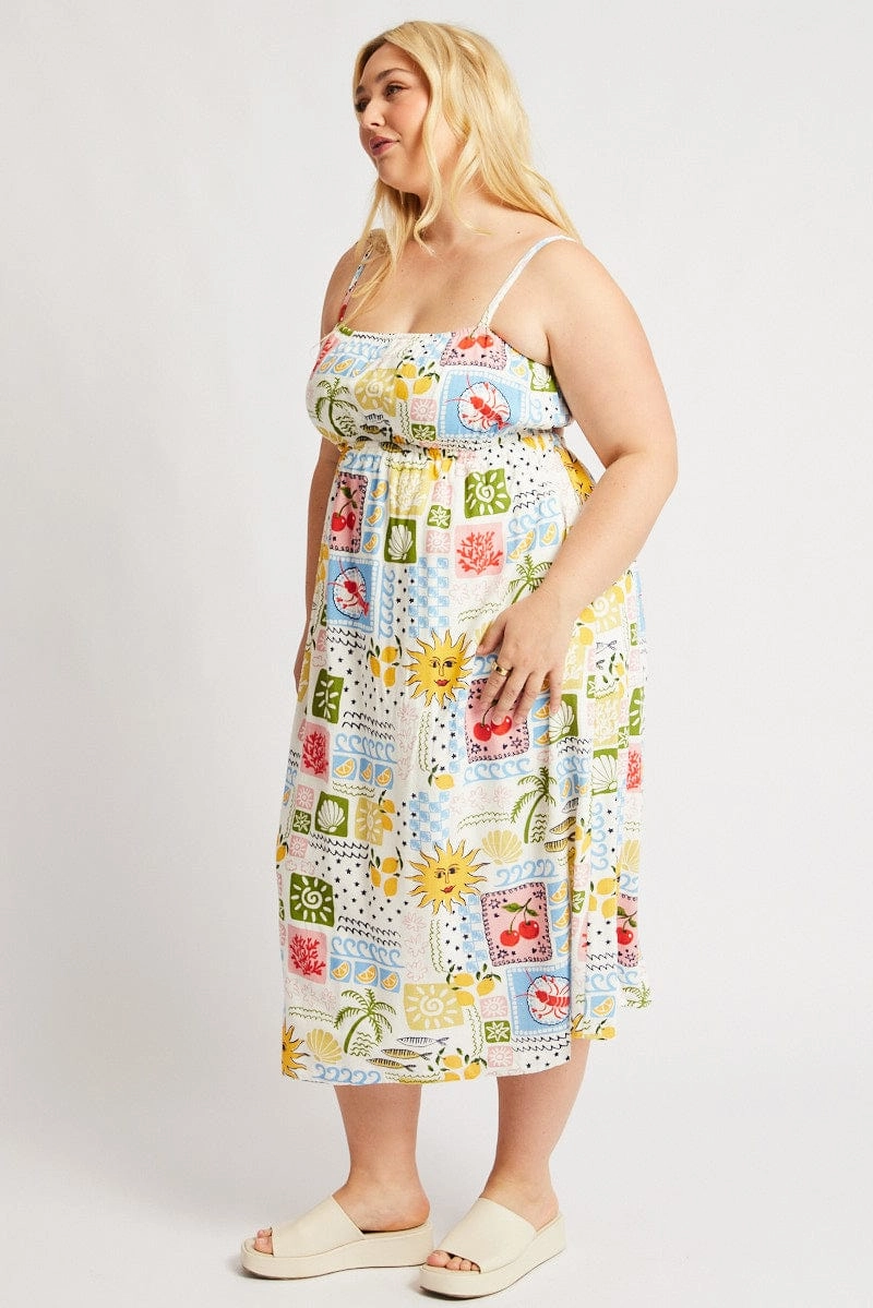 Soft Touch Satin-Finish Multi Abstract Midi Dress Sleeveless Linen Blend