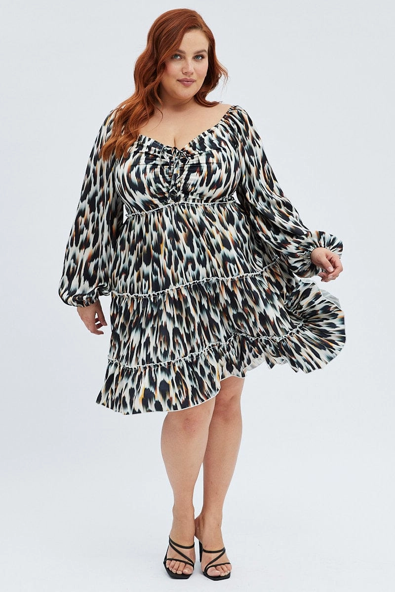 Silk Shine Multi Animal Print Mini Dress Gather Front Abstract Leopard Satin