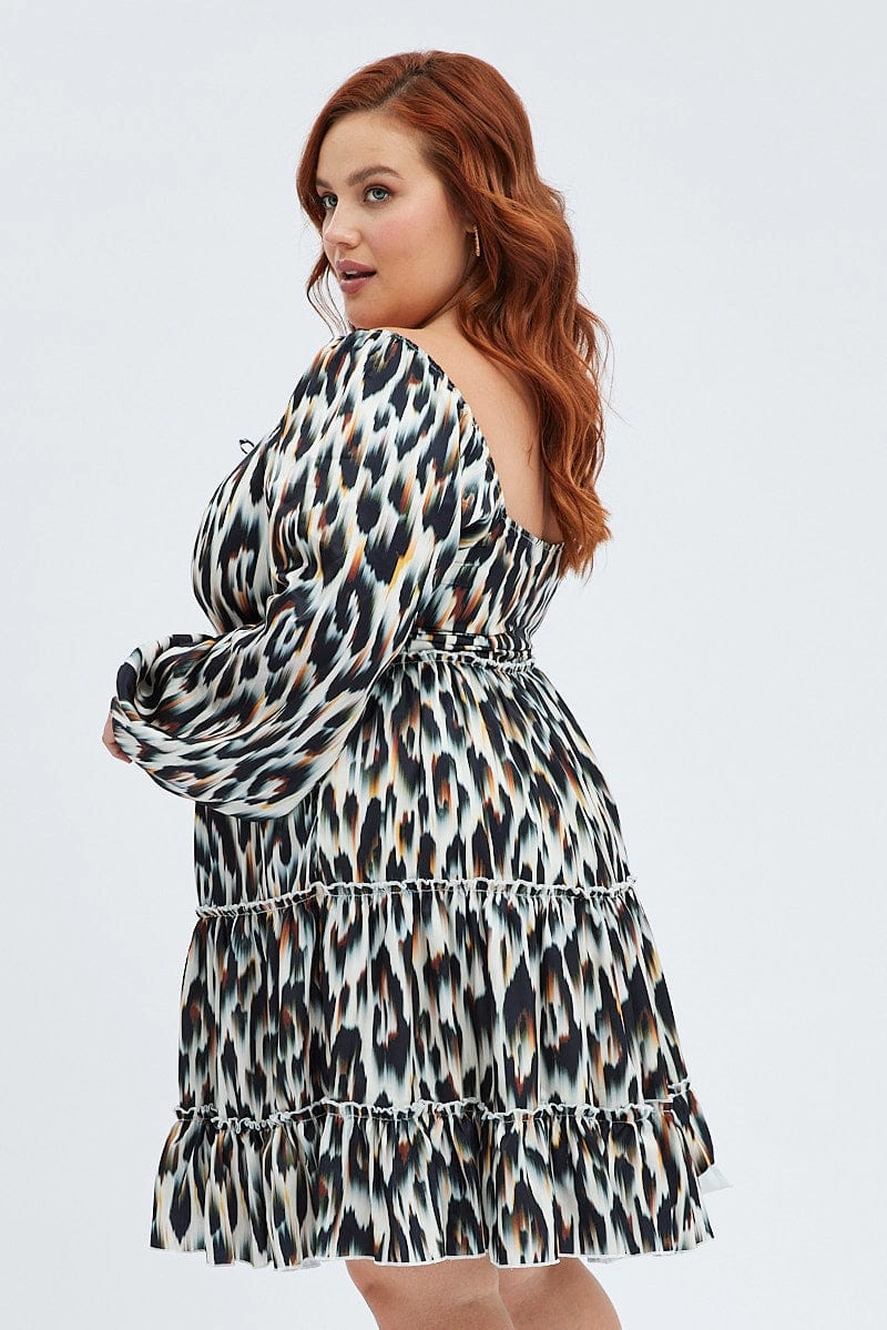 Multi Animal Print Mini Dress Gather Front Abstract Leopard Satin Comfort Fit