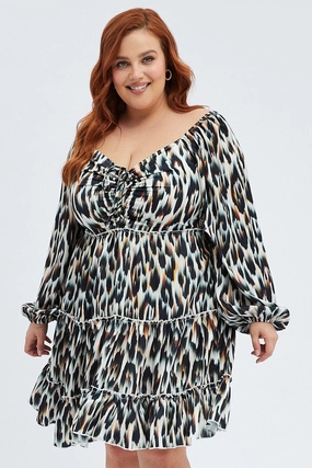 Waist-Cinching Multi Animal Print Mini Dress Gather Front Abstract Leopard Satin