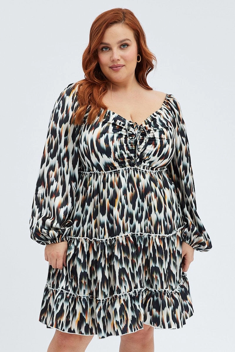 Family Joy FlatlockSeam Multi Animal Print Mini Dress Gather Front Abstract Leopard Satin